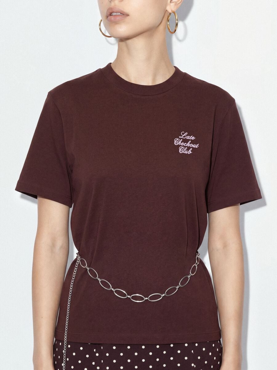 Brown relaxed-fit pure cotton T-shirt with embroidered slogan_3