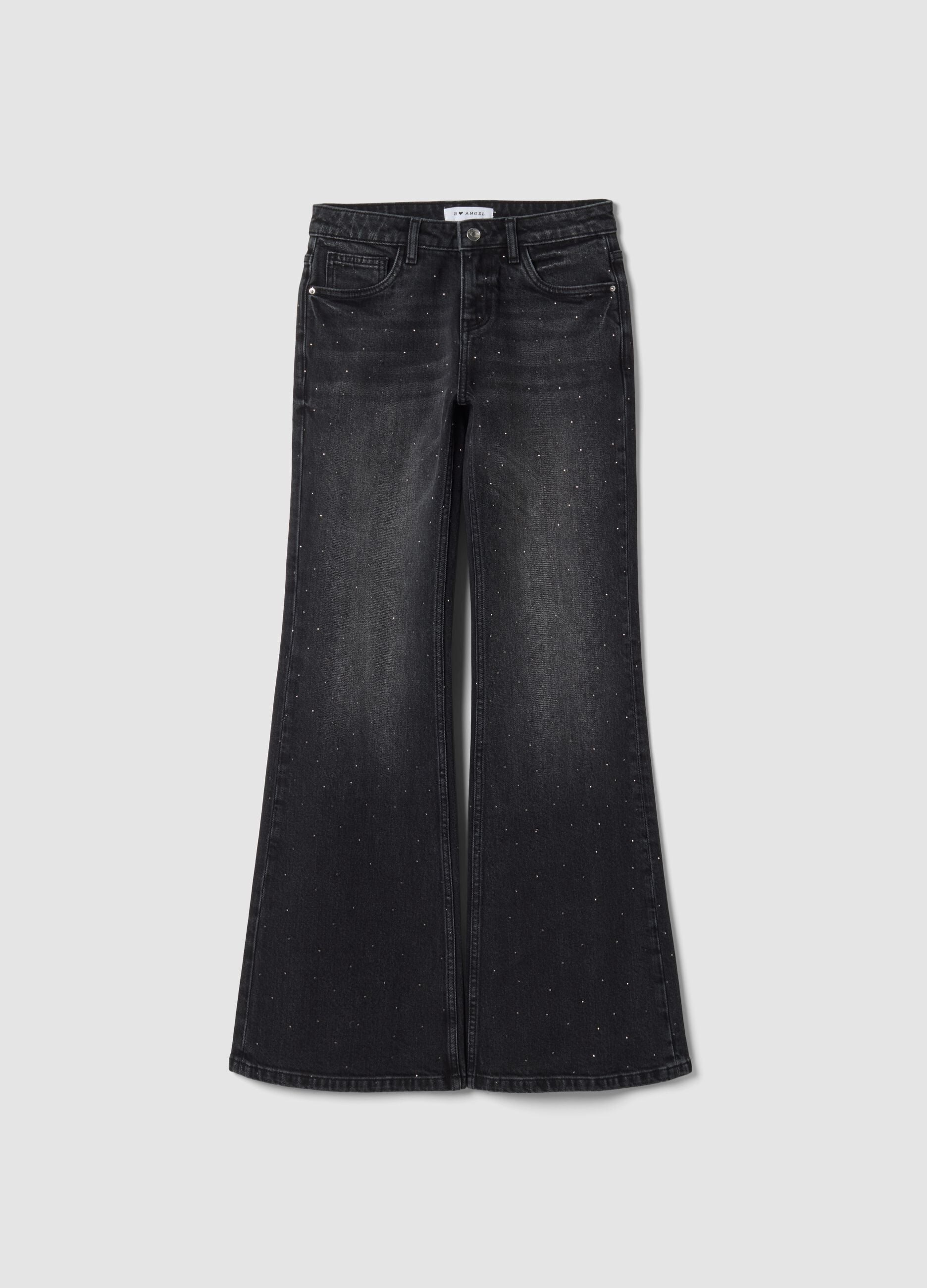 Black bootcut stretch-cotton jeans with rhinestones