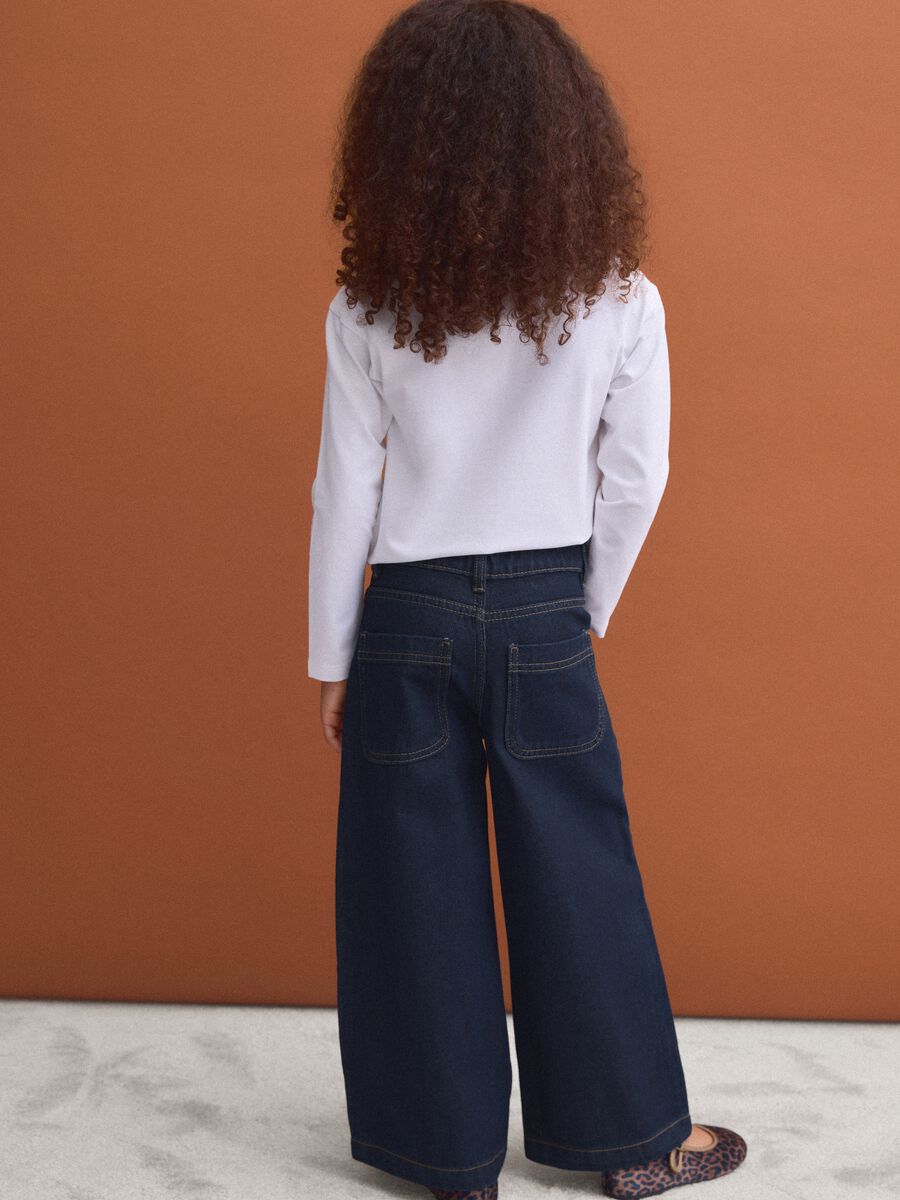 Blue straight-leg pure cotton jeans with floral embroidery for girls_1