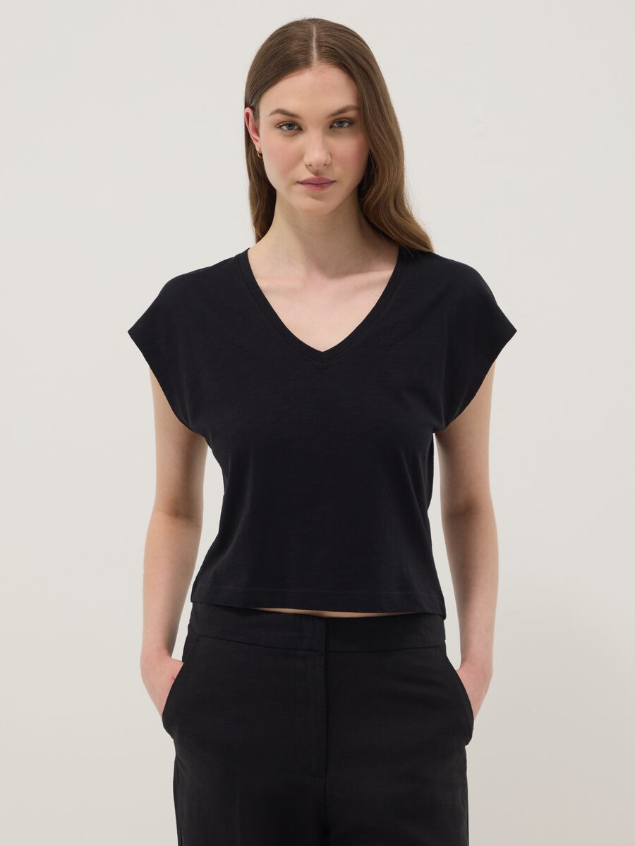 Camiseta azul de algod&oacute;n puro con cuello en V_1