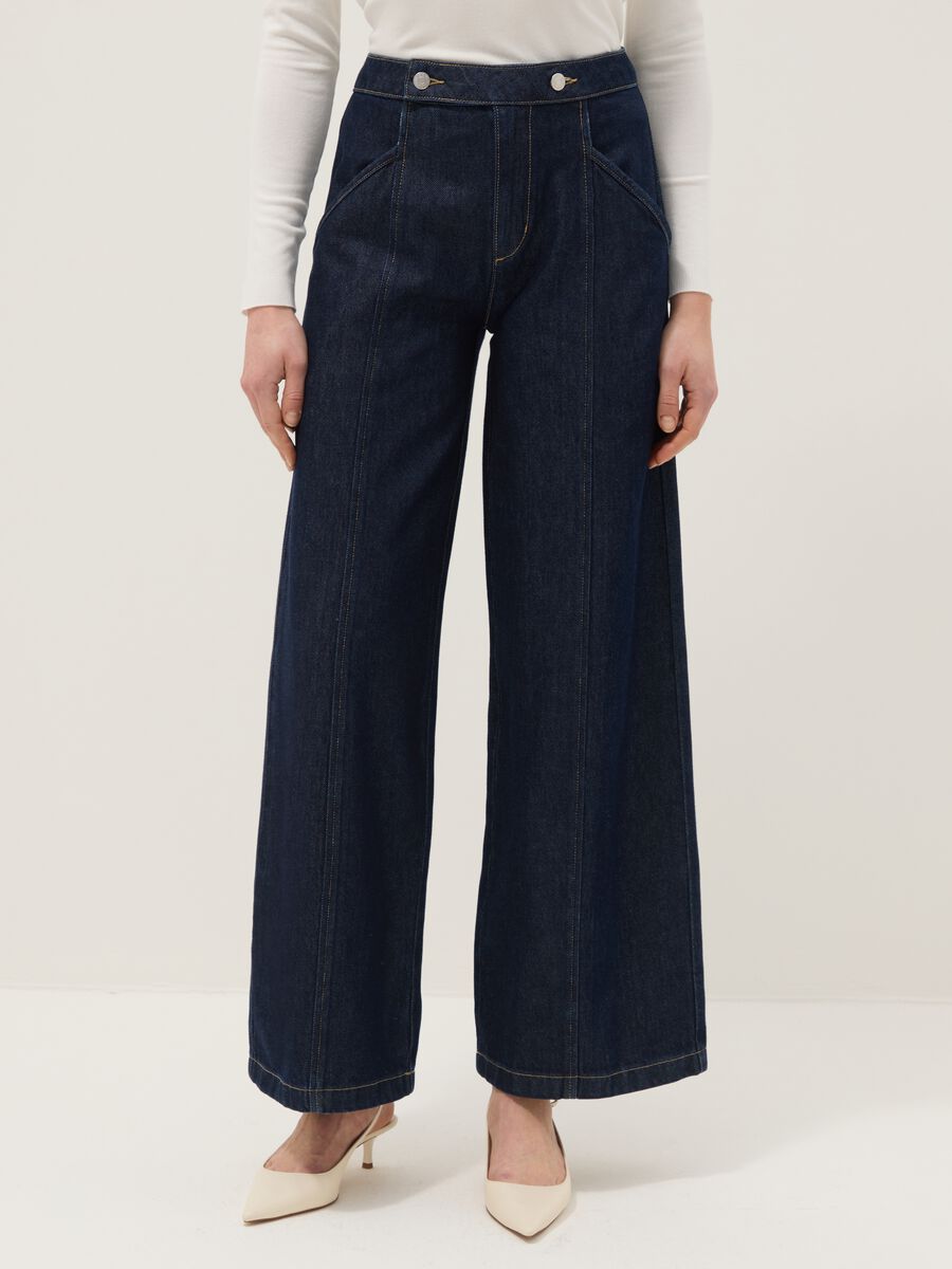 Blue Denim Wide Leg Trousers in Cotton Blend_1