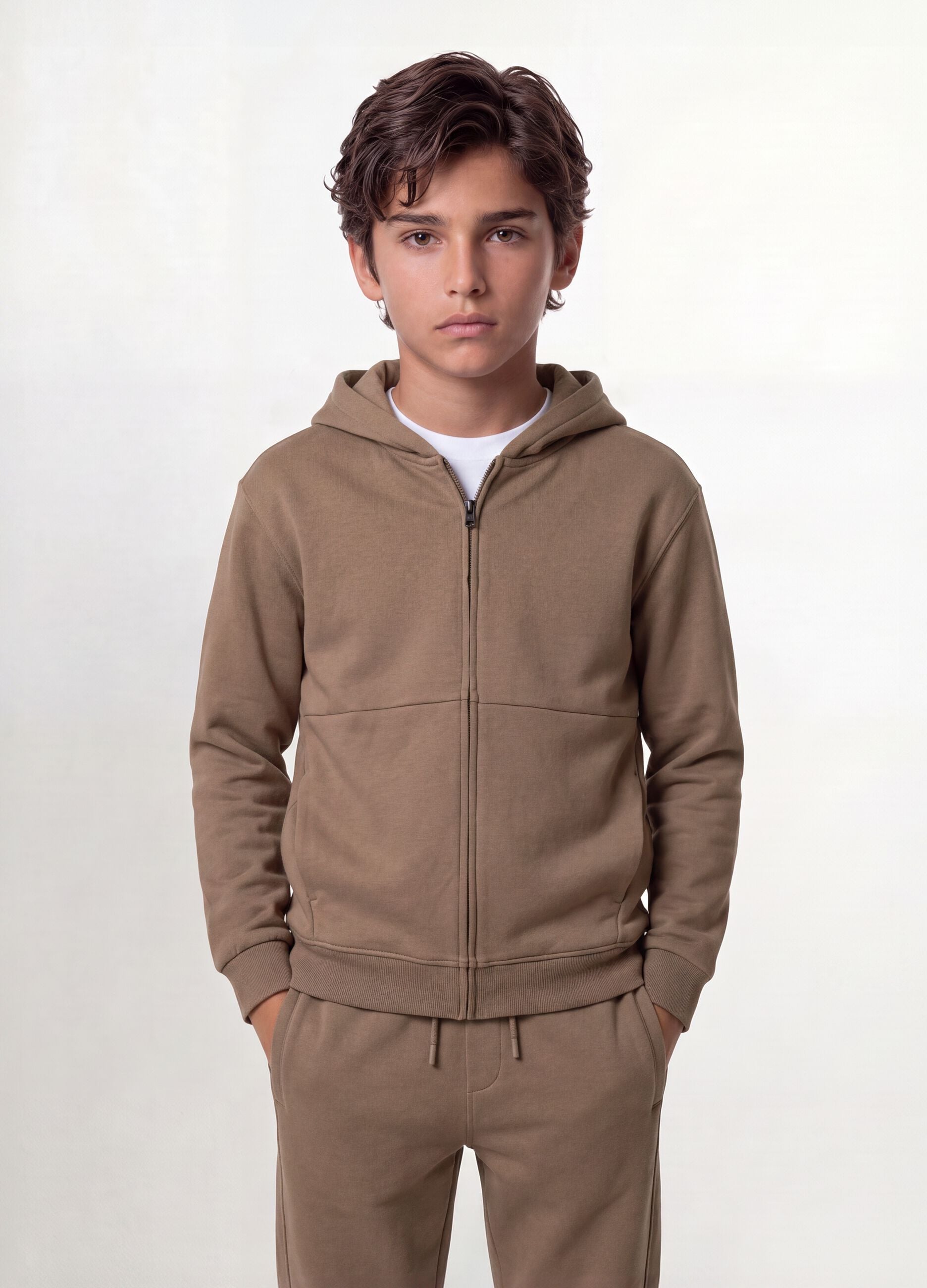 Beige organic cotton zip-up hoodie for boys, relaxed fit