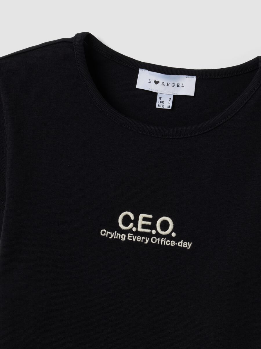 Black pure cotton crew-neck T-shirt with slogan_6