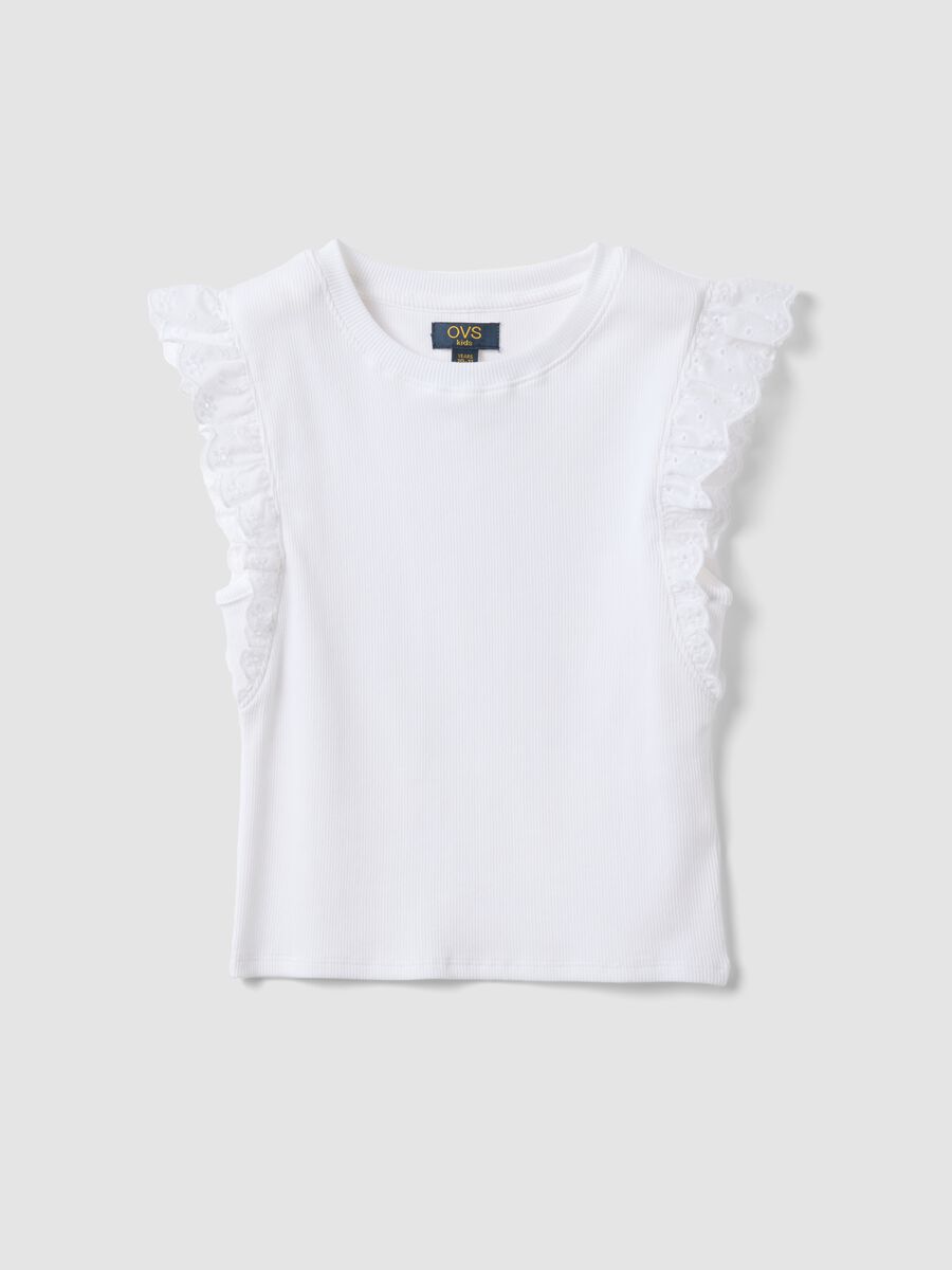 White stretch-cotton T-shirt with ruffle sleeves_0