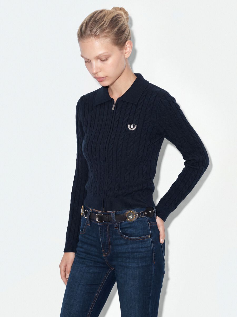 Navy viscose-blend fitted cardigan with polo collar_0