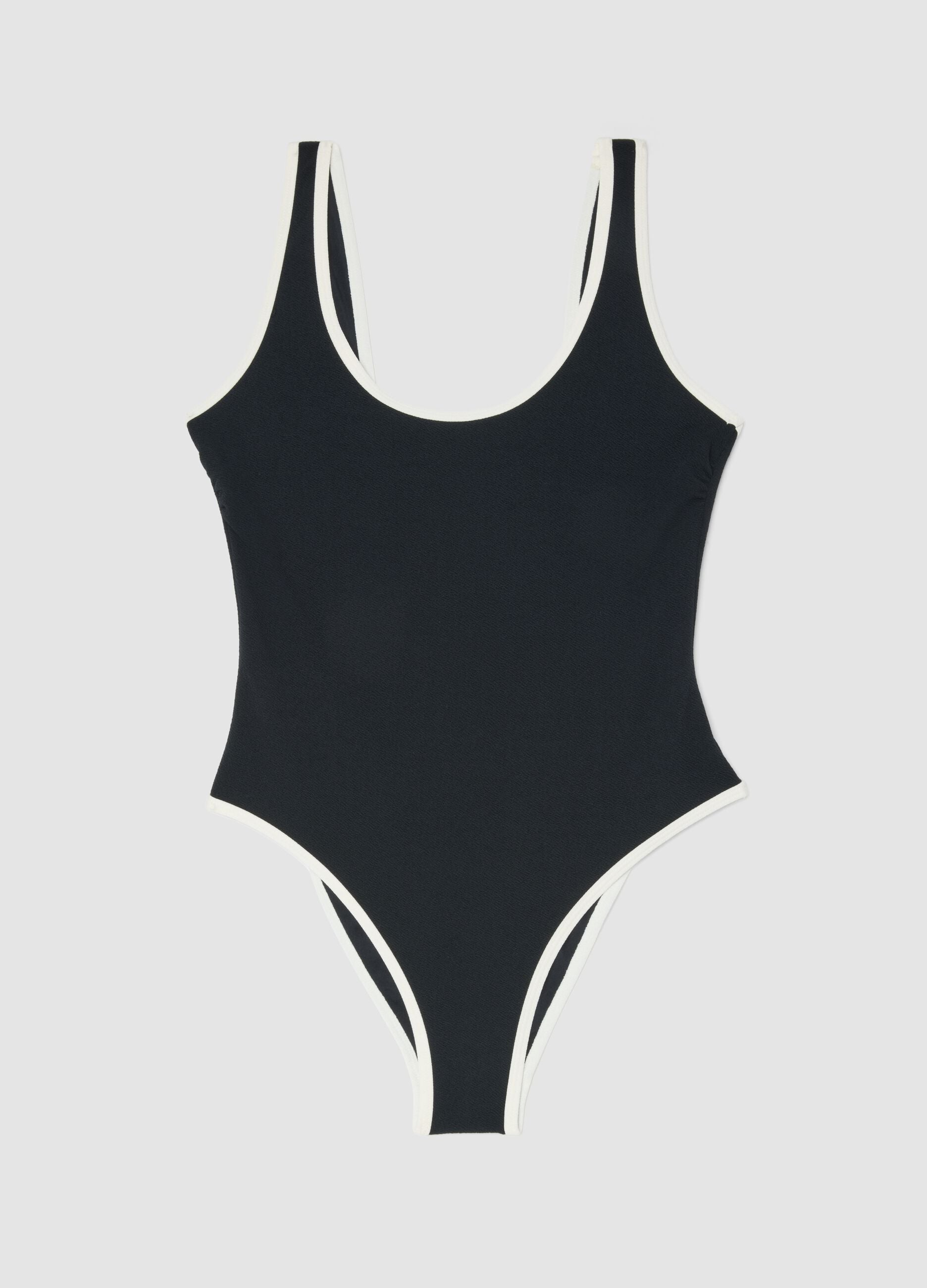 Black stretch one-piece swimsuit with white trim
