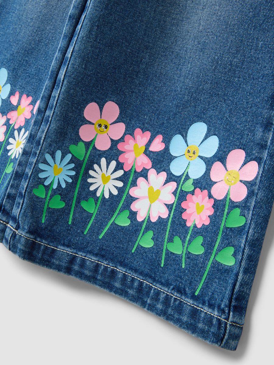 Blue wide-leg pure cotton jeans with floral print for girls_3