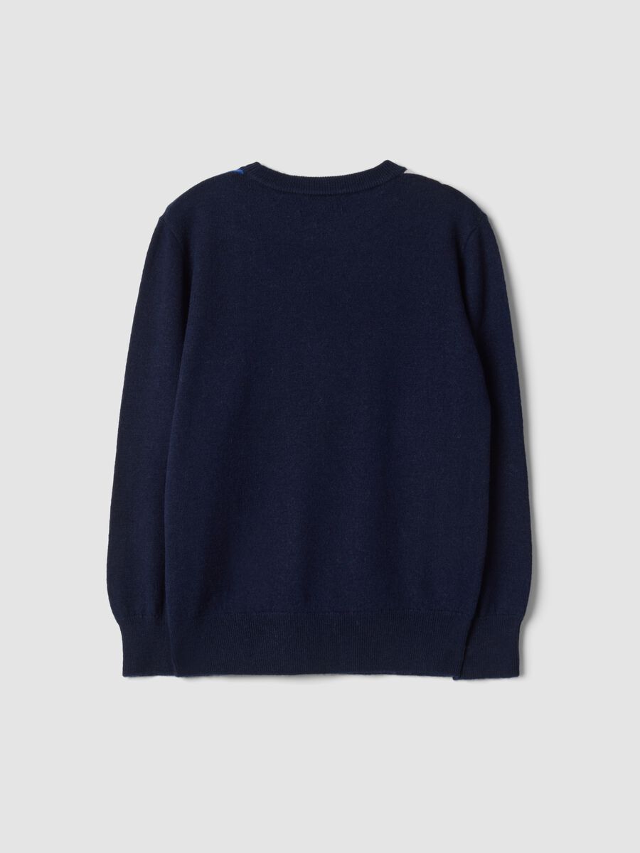 Maglione blu in pura lana con girocollo jacquard_2