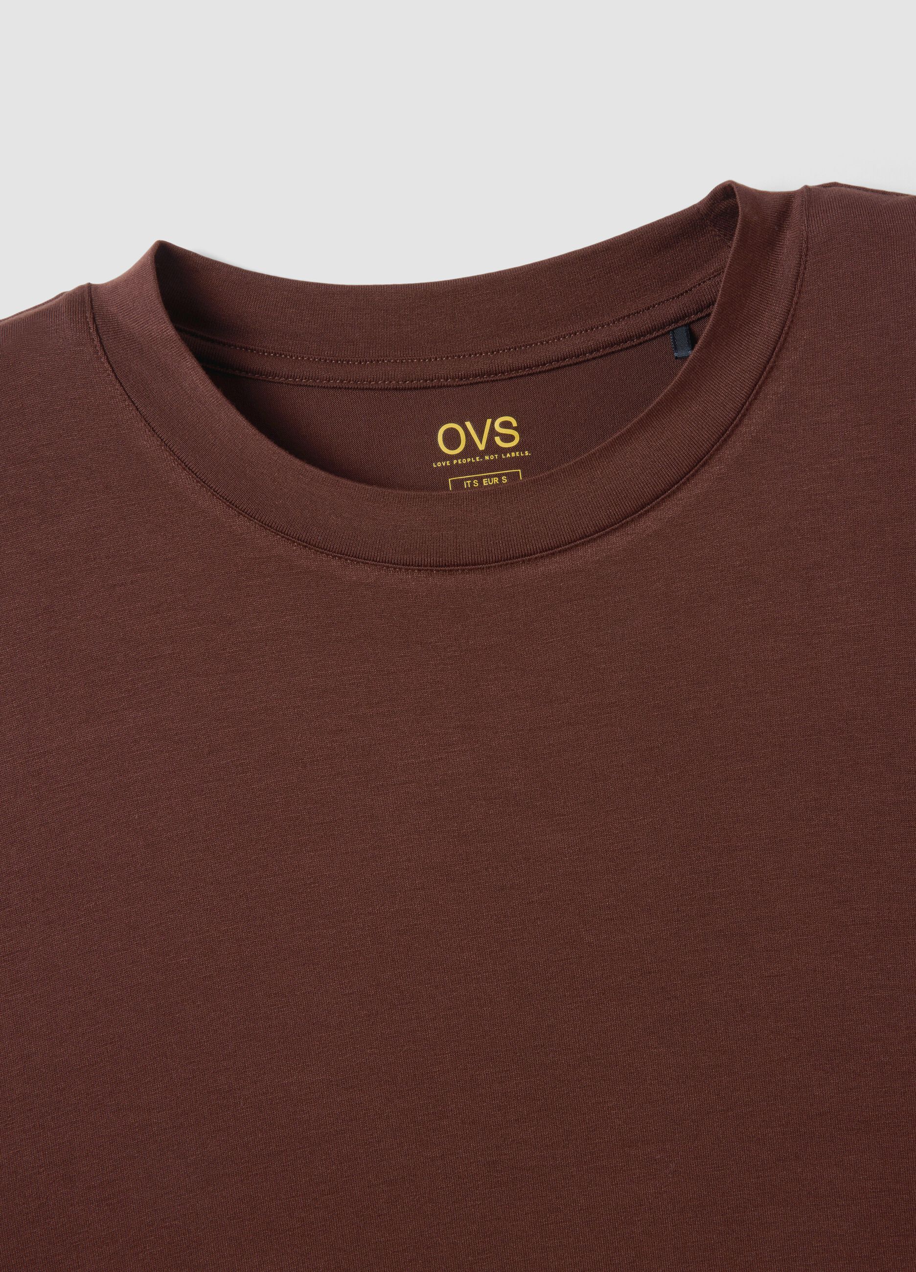 Brown short-sleeved stretch viscose T-shirt