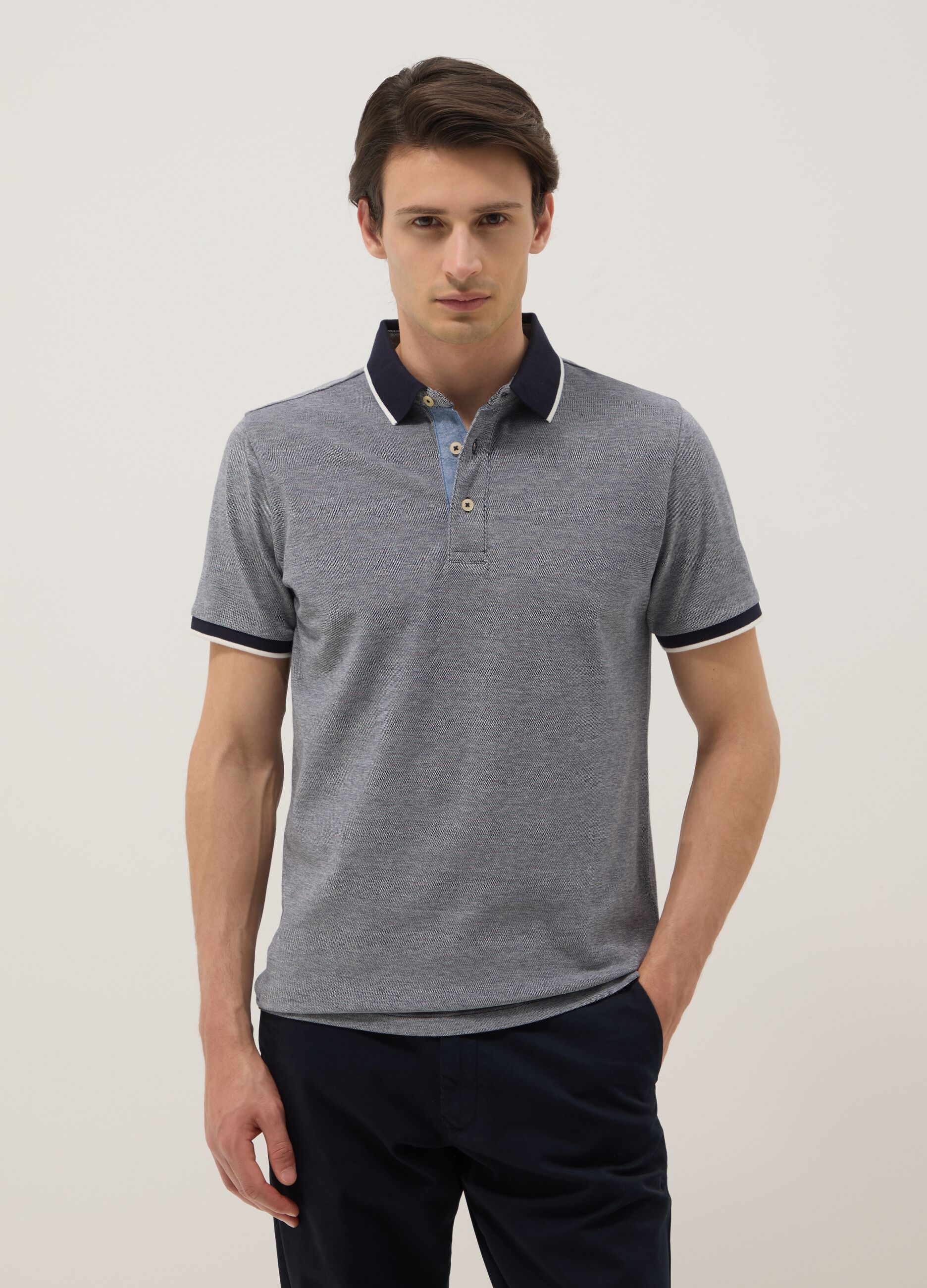Grey pure cotton polo shirt with classic collar