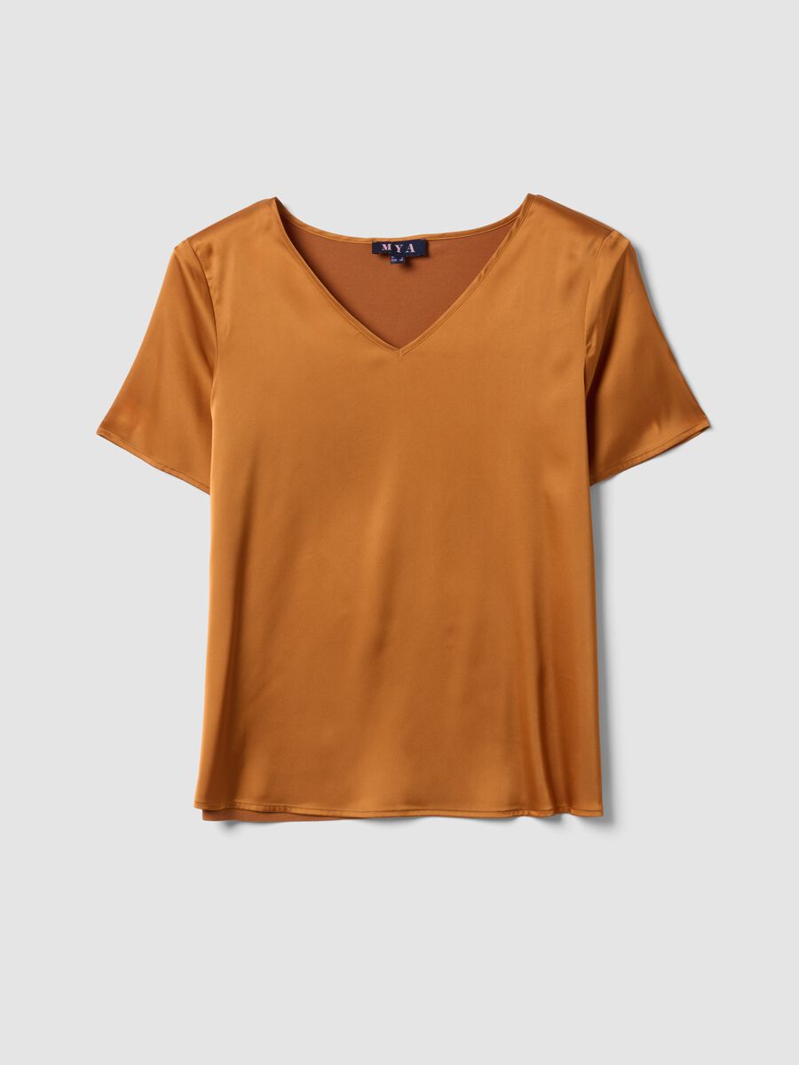 Brown satin V-neck stretch blouse, regular fit_4