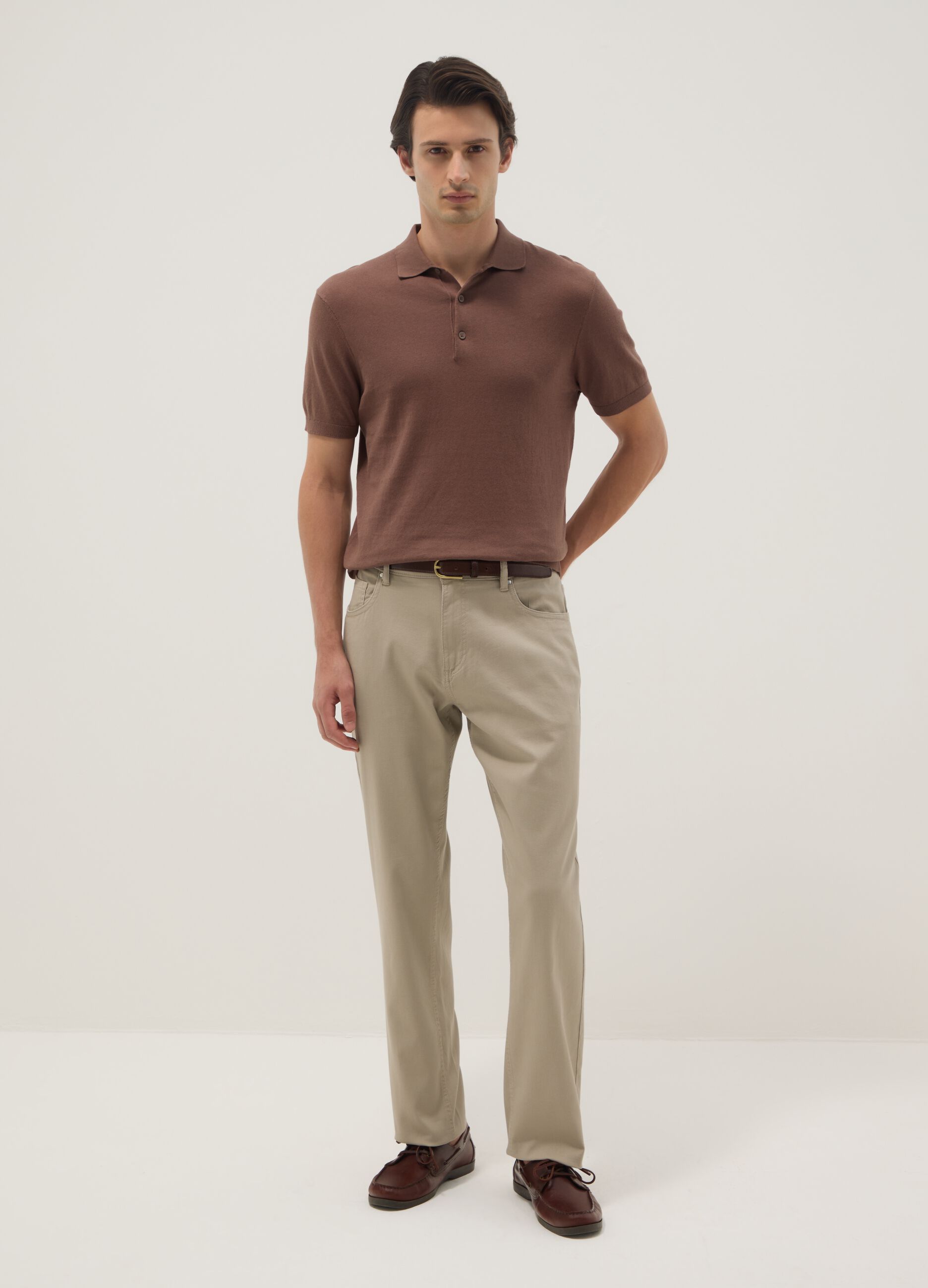 Regular fit beige cotton stretch trousers
