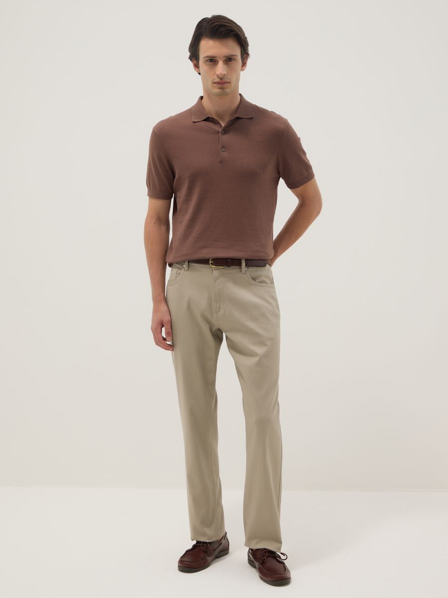 Regular fit beige cotton stretch trousers_0