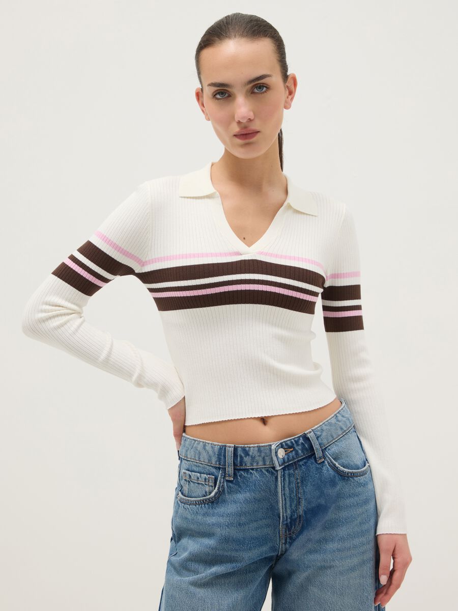 Slim fit multicoloured striped viscose-blend jumper with polo collar_0