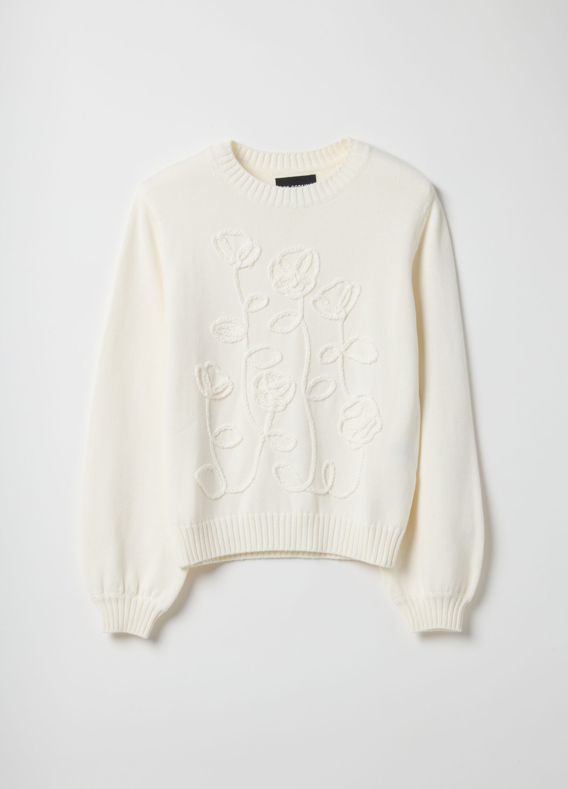 White pure cotton sweater with floral design regular fit