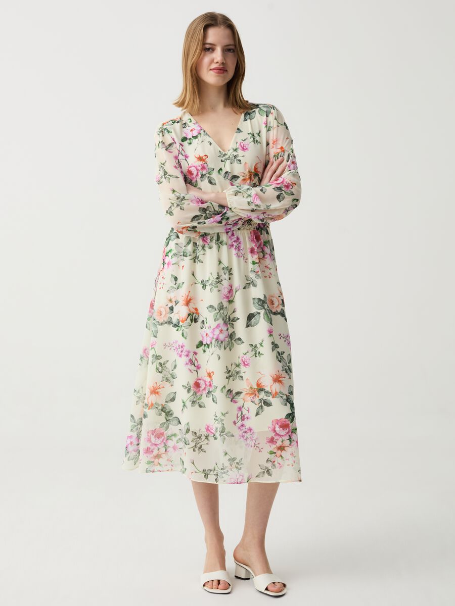 Long floral dress with smock stitch_0