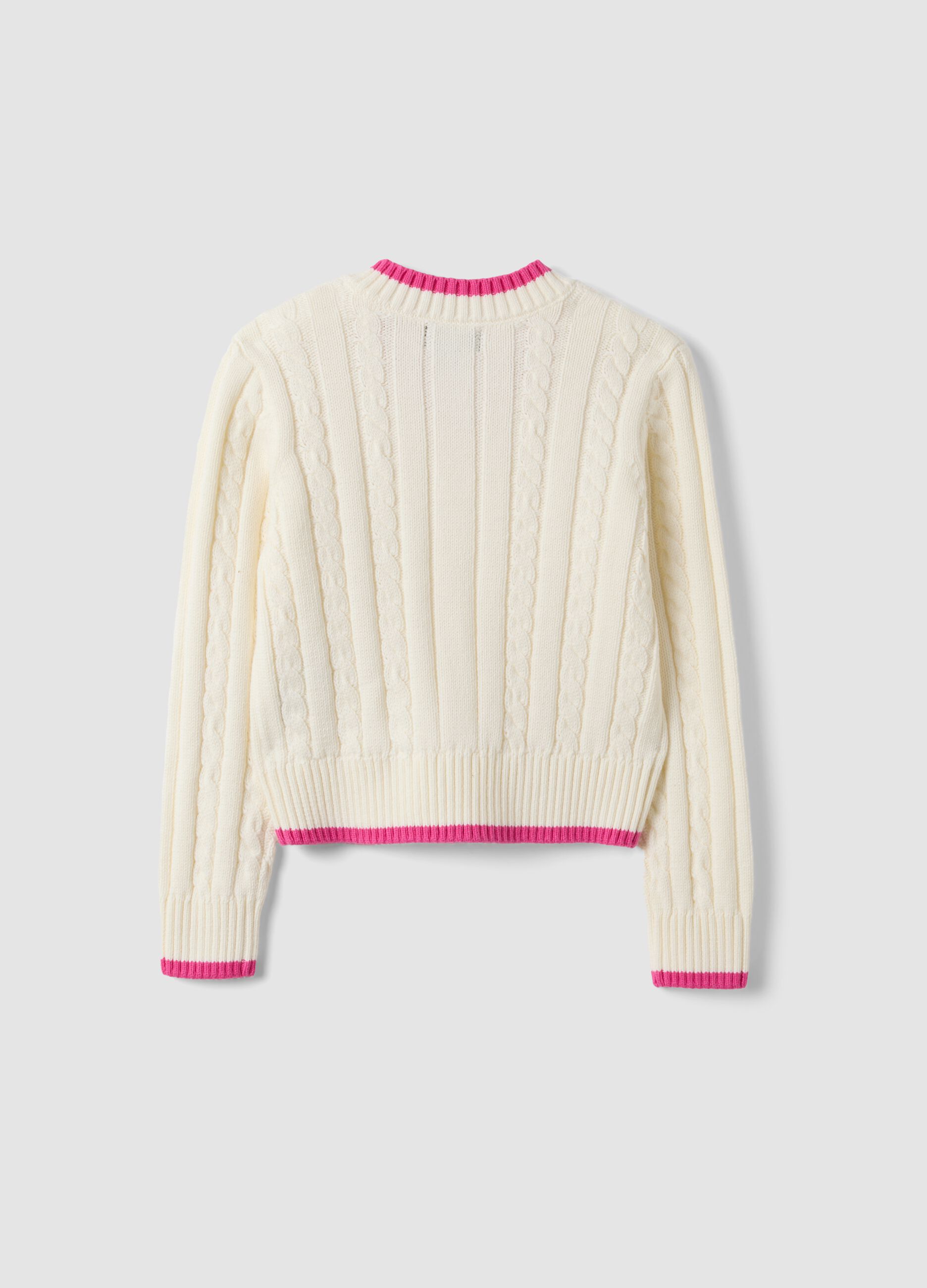 Maglia bianca in puro cotone a trecce con scollo a V per bambina