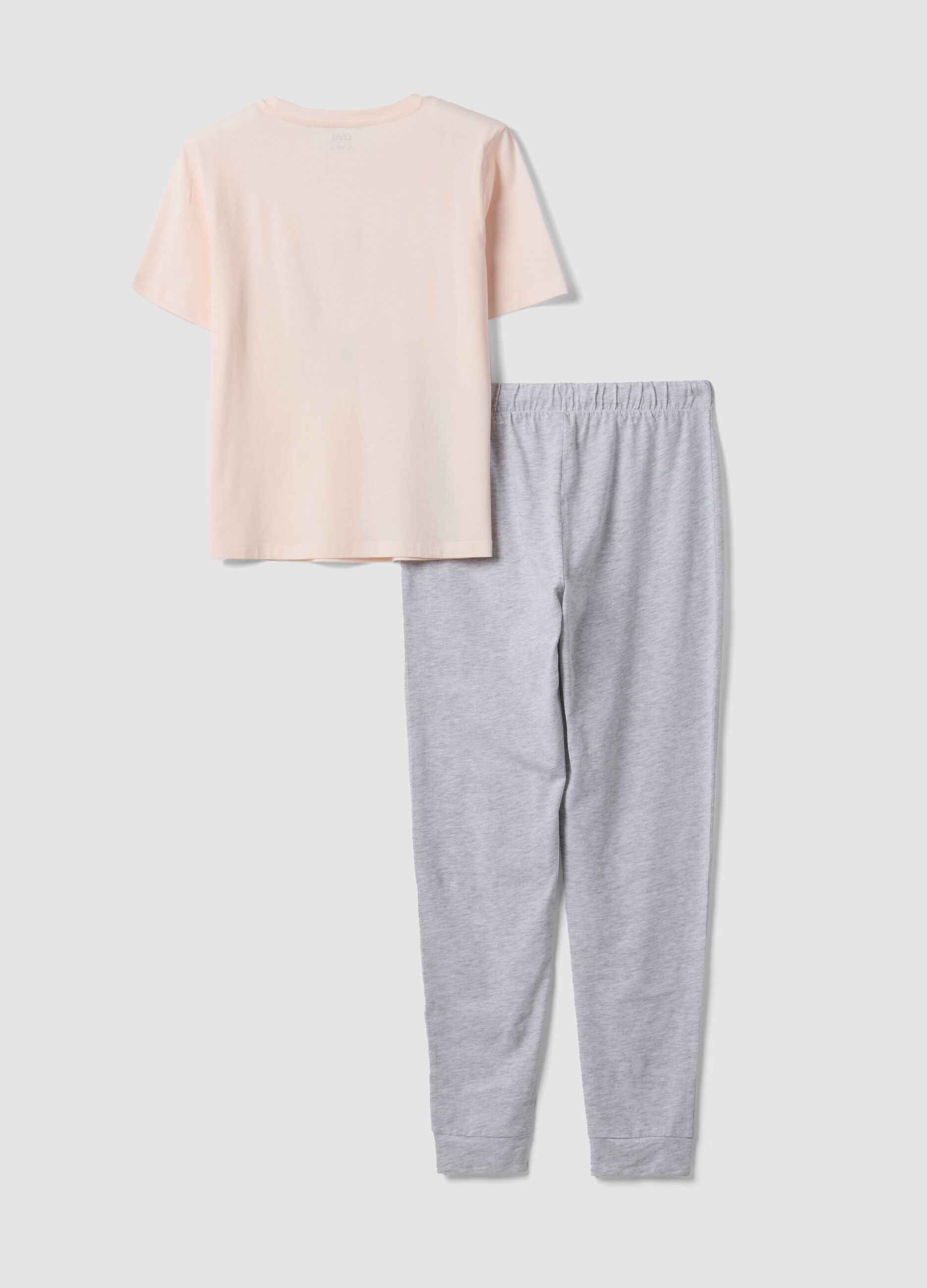 Pigiama rosa in puro cotone organico con pantaloni grigi regular fit