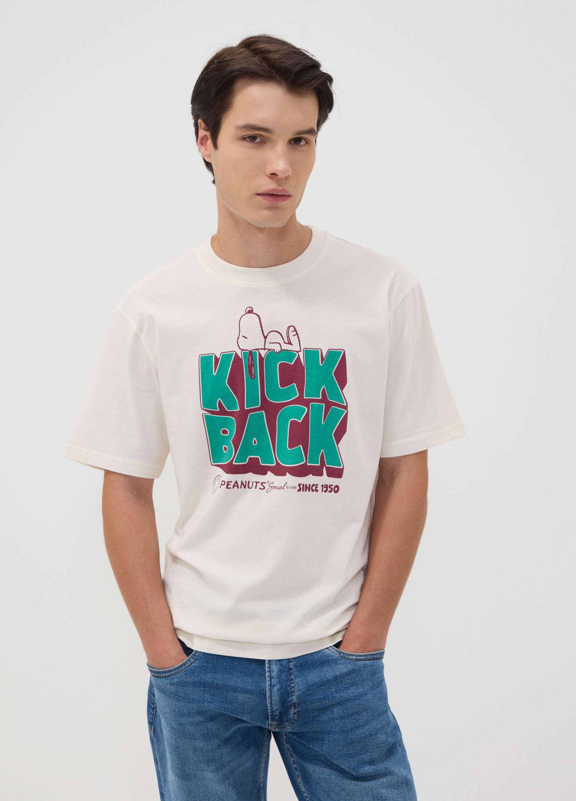 Wei&szlig;es T-Shirt aus reiner Baumwolle mit Peanuts-Print, Relaxed Fit