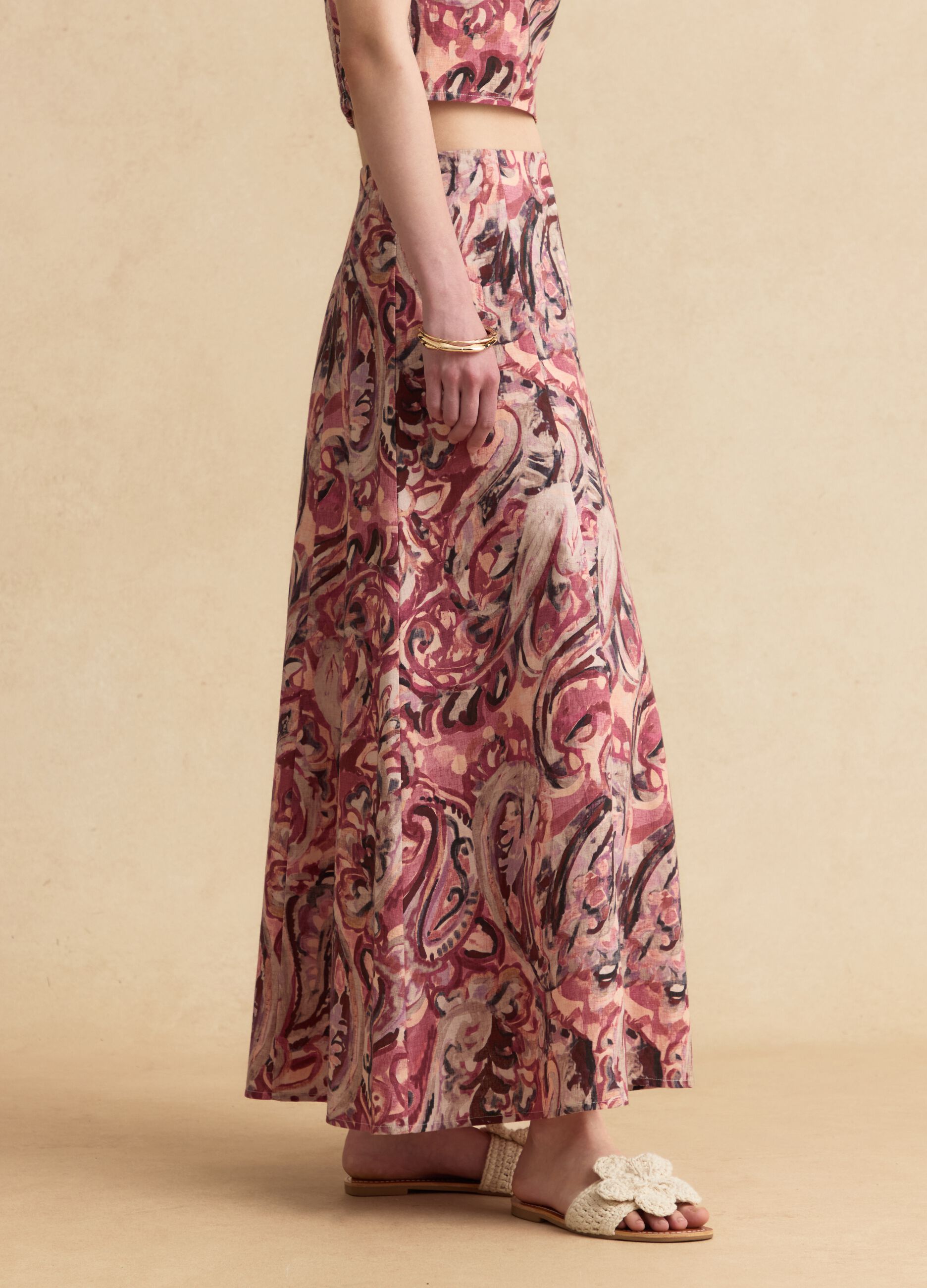 Multicolour cotton and linen-blend midi skirt