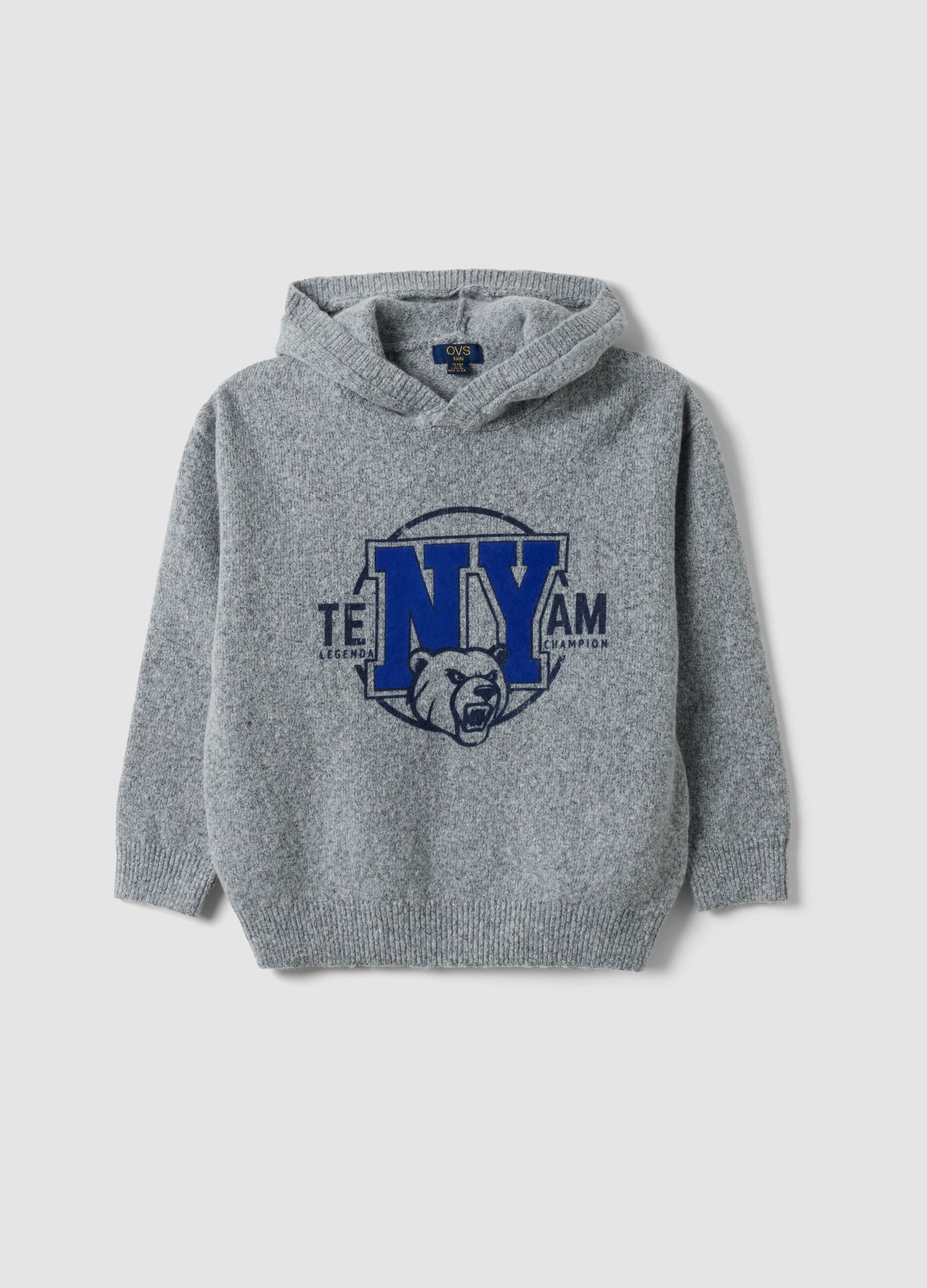 Grey stretch hoodie sweatshirt with print for boys