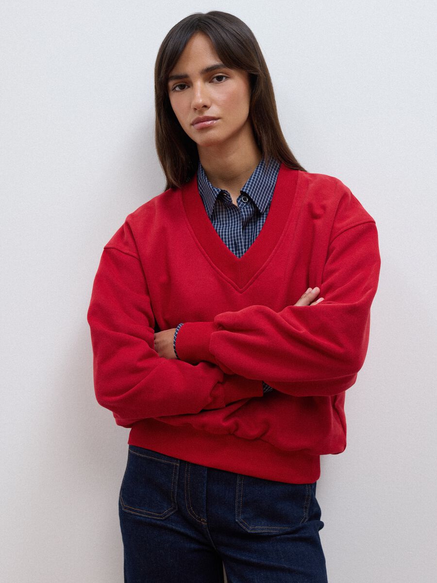 Red cotton-blend V-neck sweatshirt with oversized fit_0