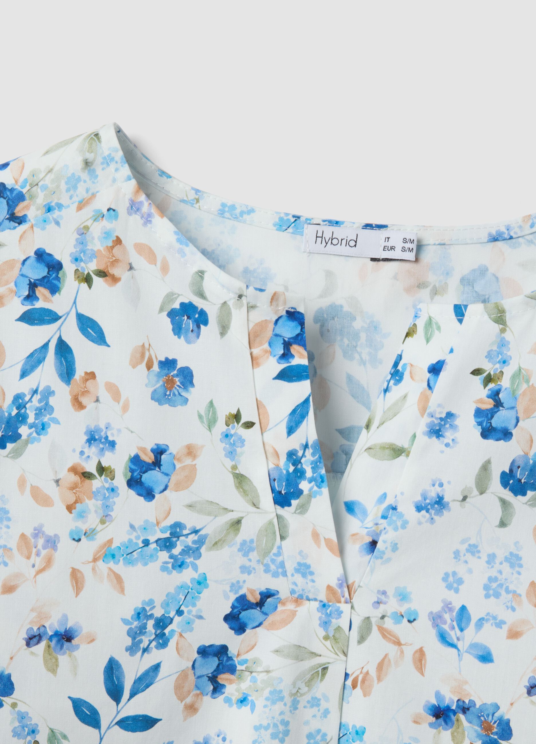 White floral stretch cotton blouse, regular fit