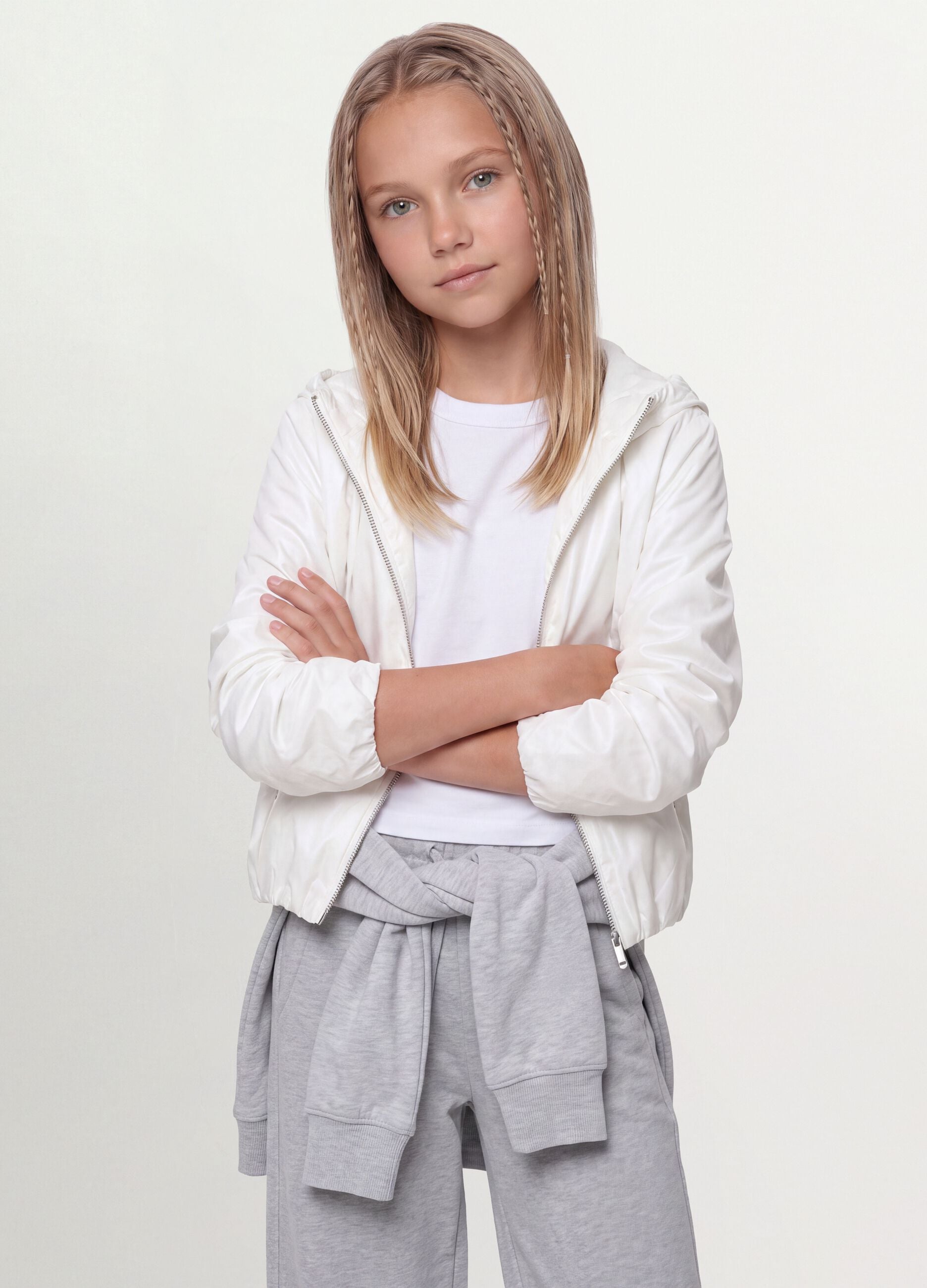 White hooded rain jacket with zip for girls