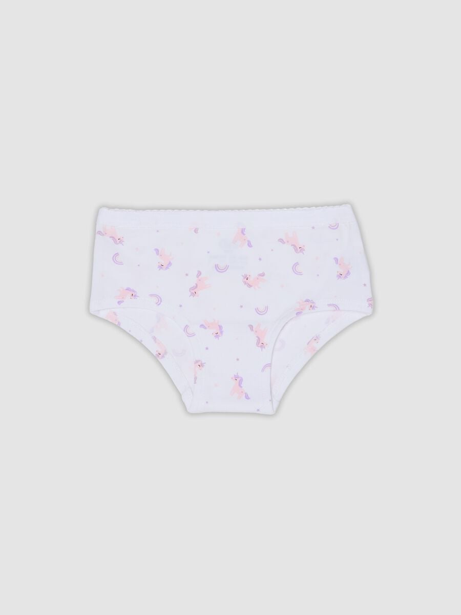 White stretch organic cotton culotte briefs with unicorn print_0