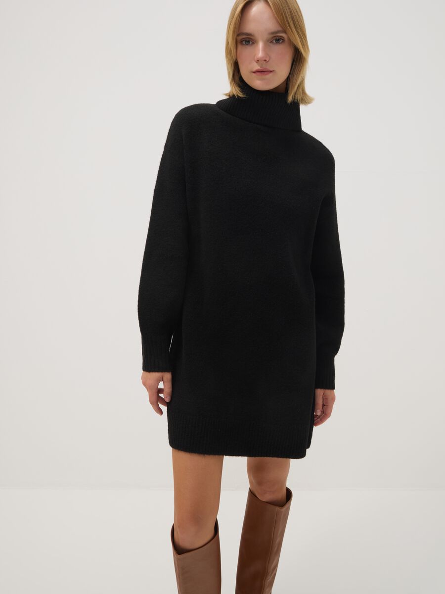 Black Stretch Wool Roll-Neck Dress_0