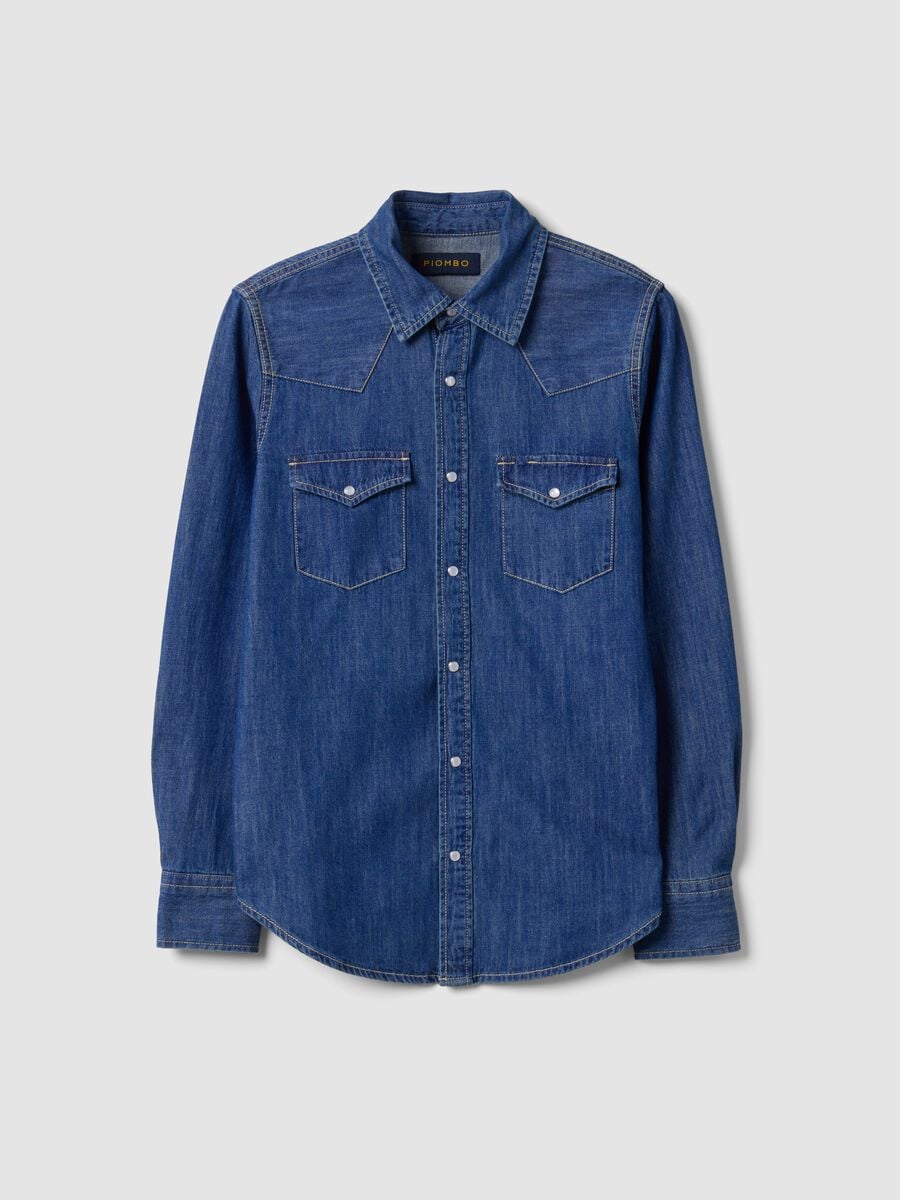 Blue pure cotton denim shirt, regular fit_0