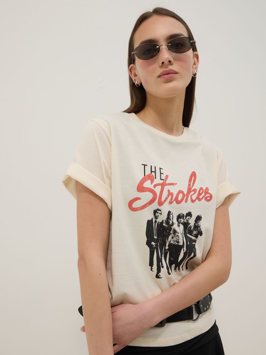 Beiges T-Shirt aus reiner Baumwolle mit Oversize-Print, Relaxed Fit_0