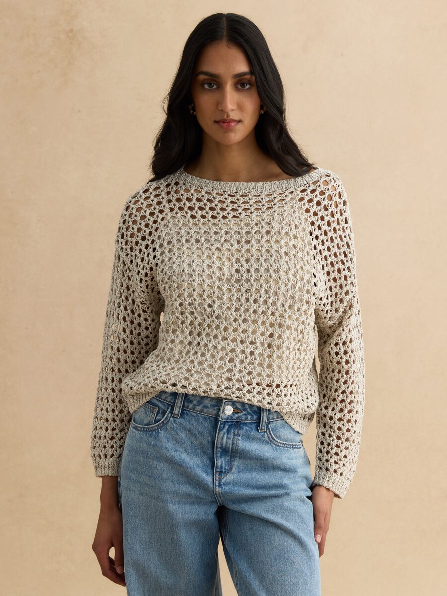 Beige cotton-blend knitted sweater_0