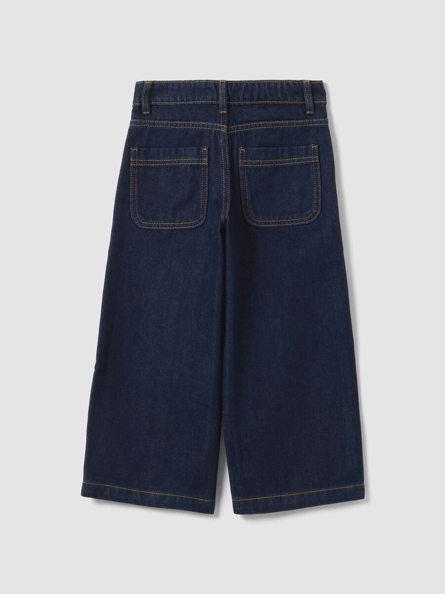 Blue straight-leg pure cotton jeans with floral embroidery for girls_1