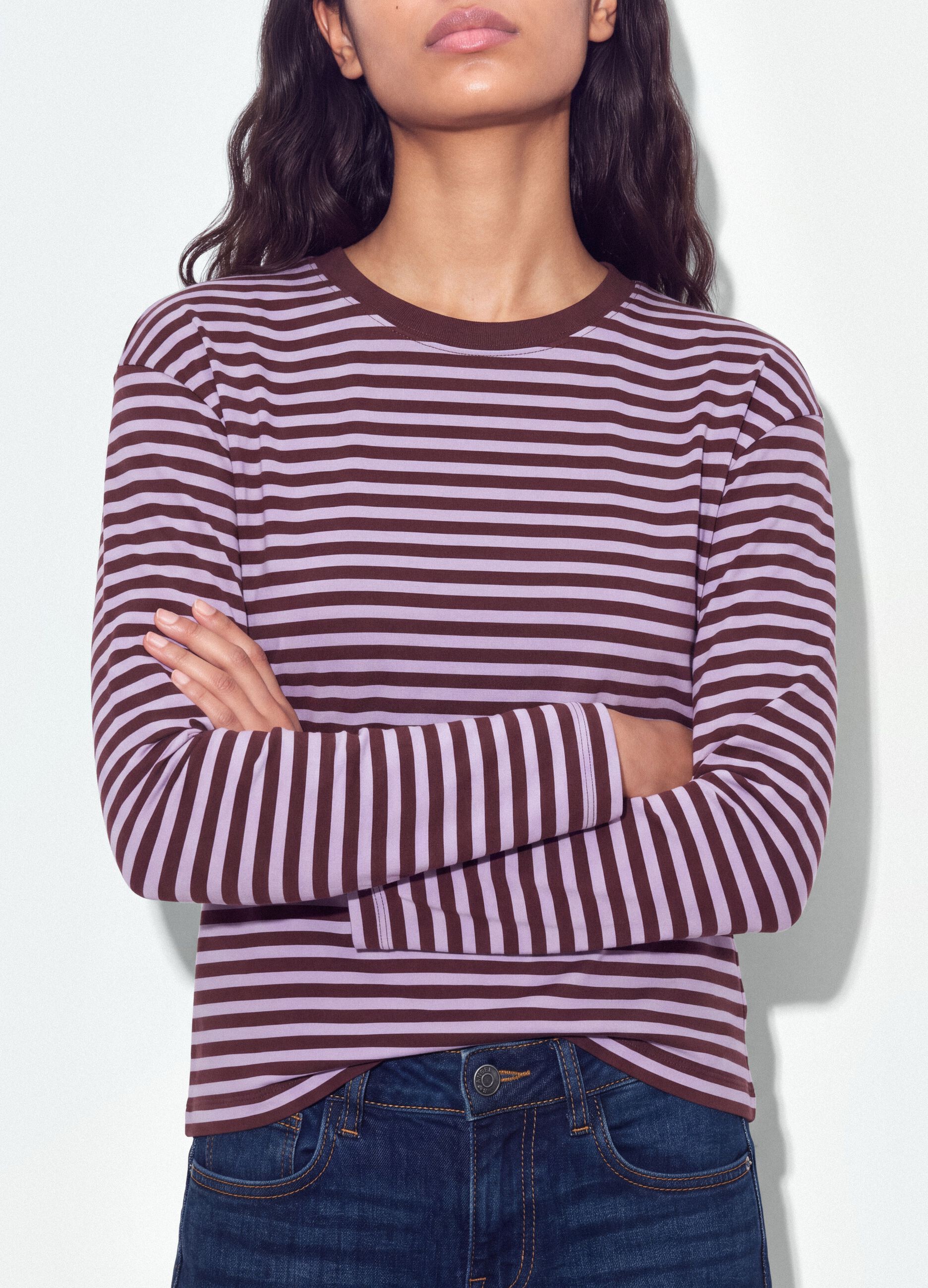 Purple striped pure cotton relaxed-fit crew-neck T-shirt
