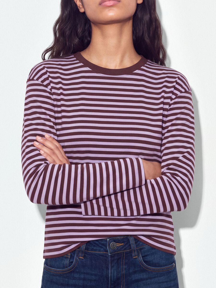Purple striped pure cotton T-shirt with crew neck, relaxed fit_3
