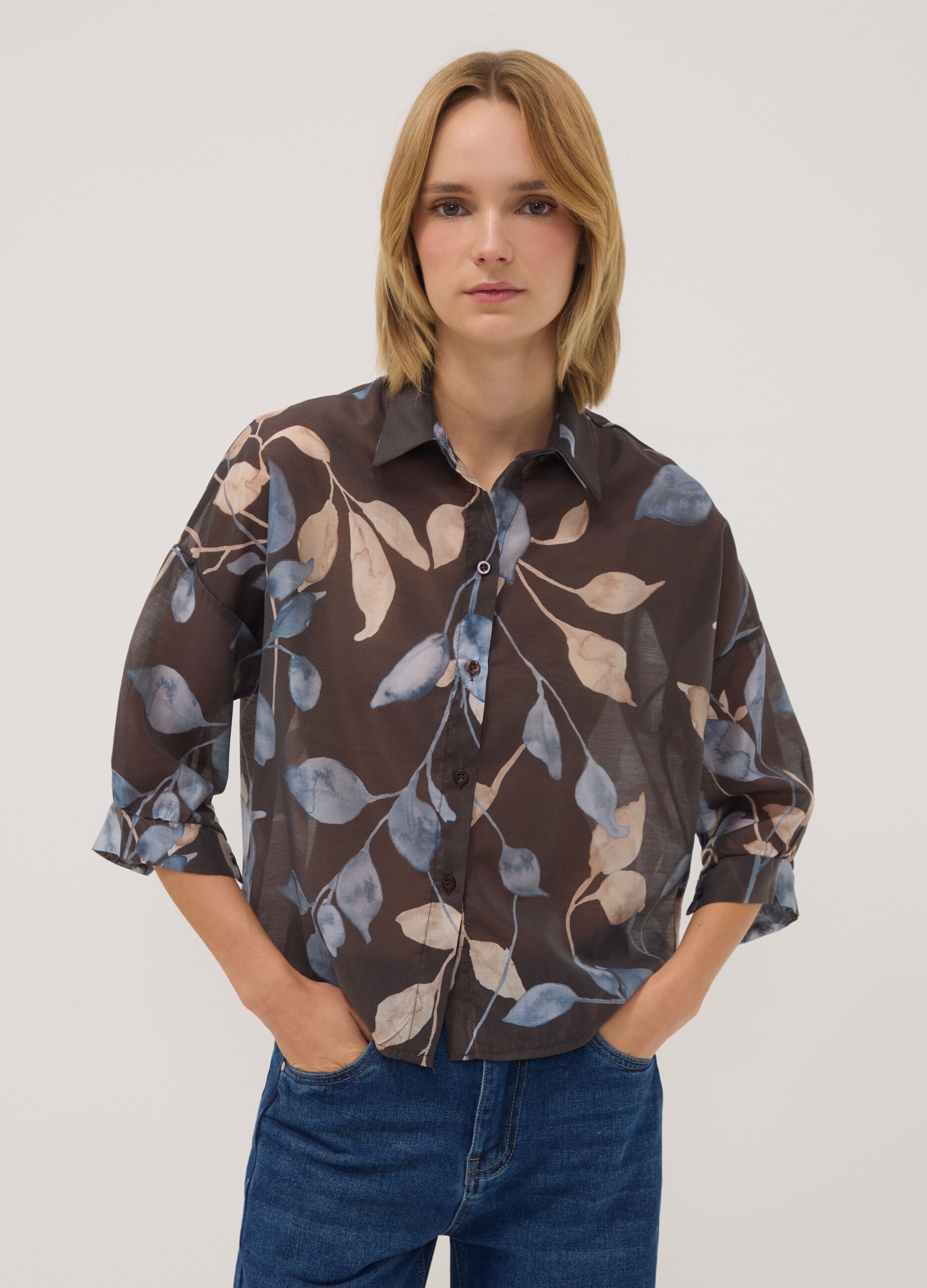 Brown lyocell-blend regular-fit shirt with foliage print