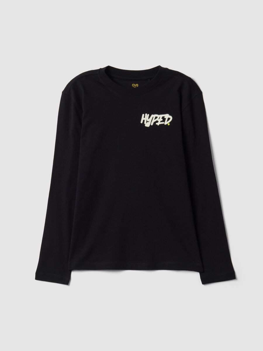 T-shirt nera in puro cotone organico con stampa "Hyped" per ragazzo_0