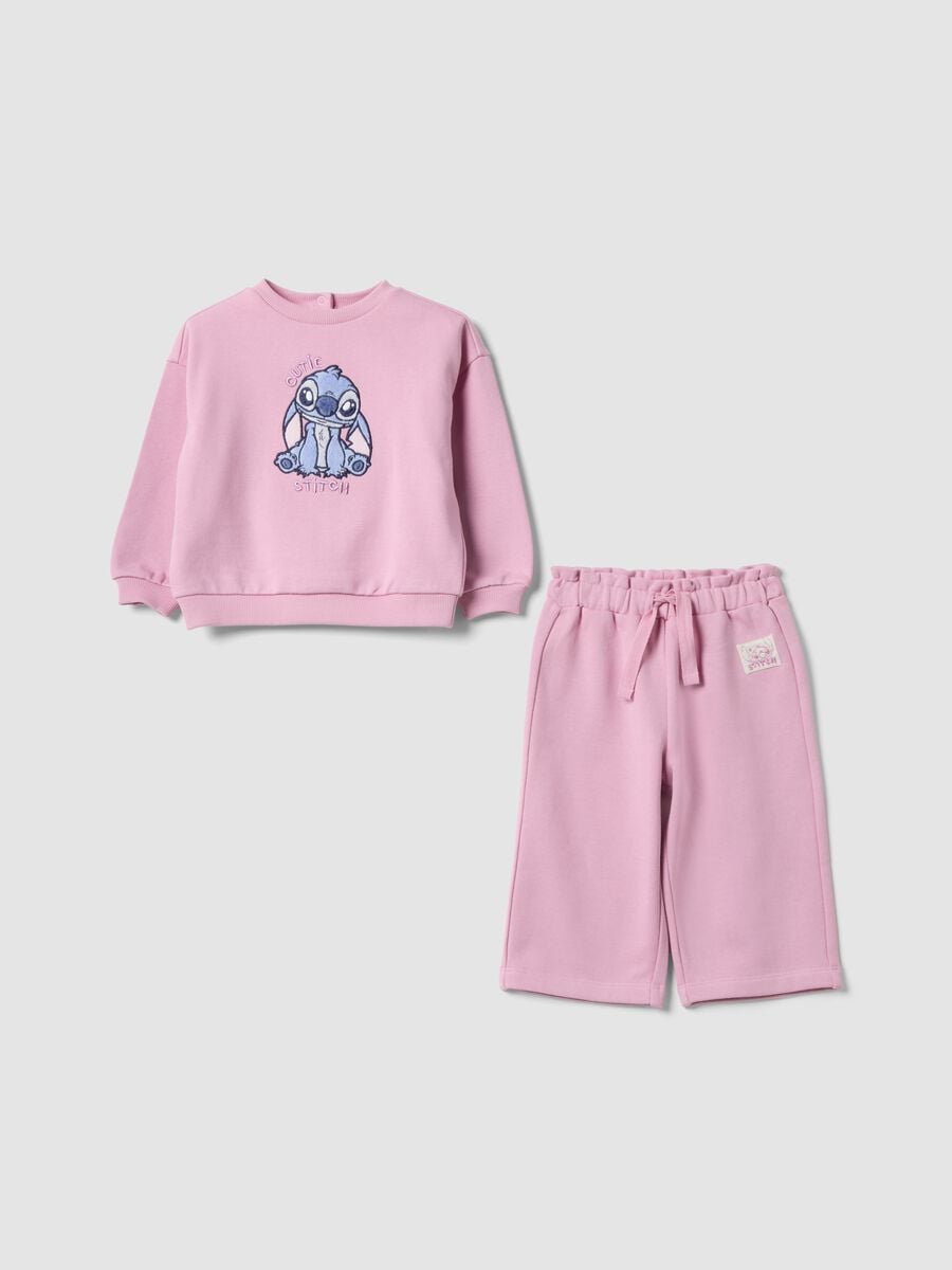 Pink pure cotton tracksuit with Lilo & Stitch embroidery for girls_0