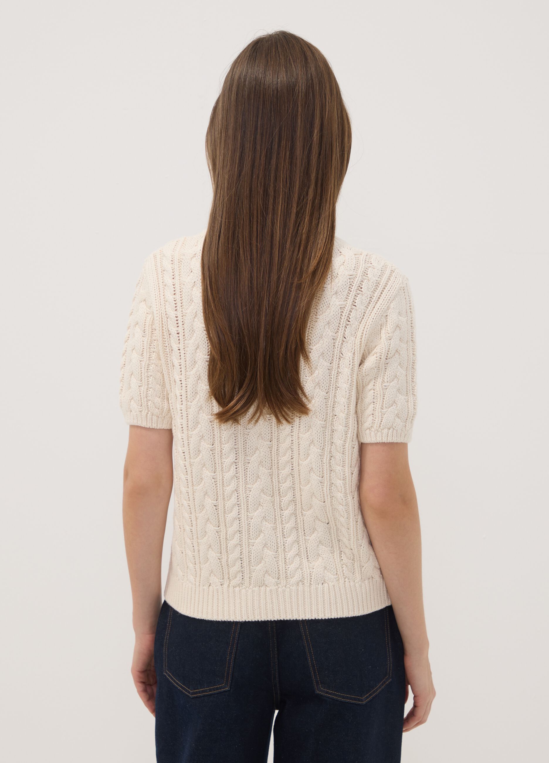 Beige pure cotton cable-knit cardigan, regular fit