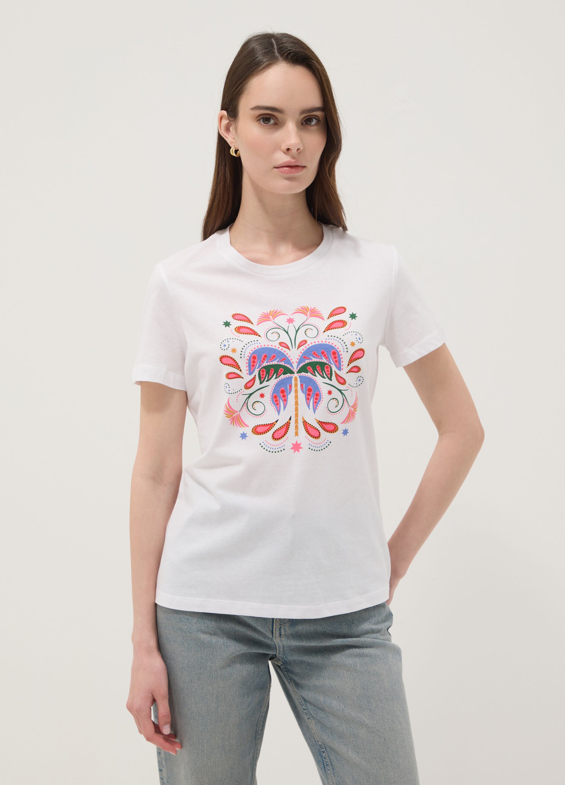 White pure cotton T-shirt with front print
