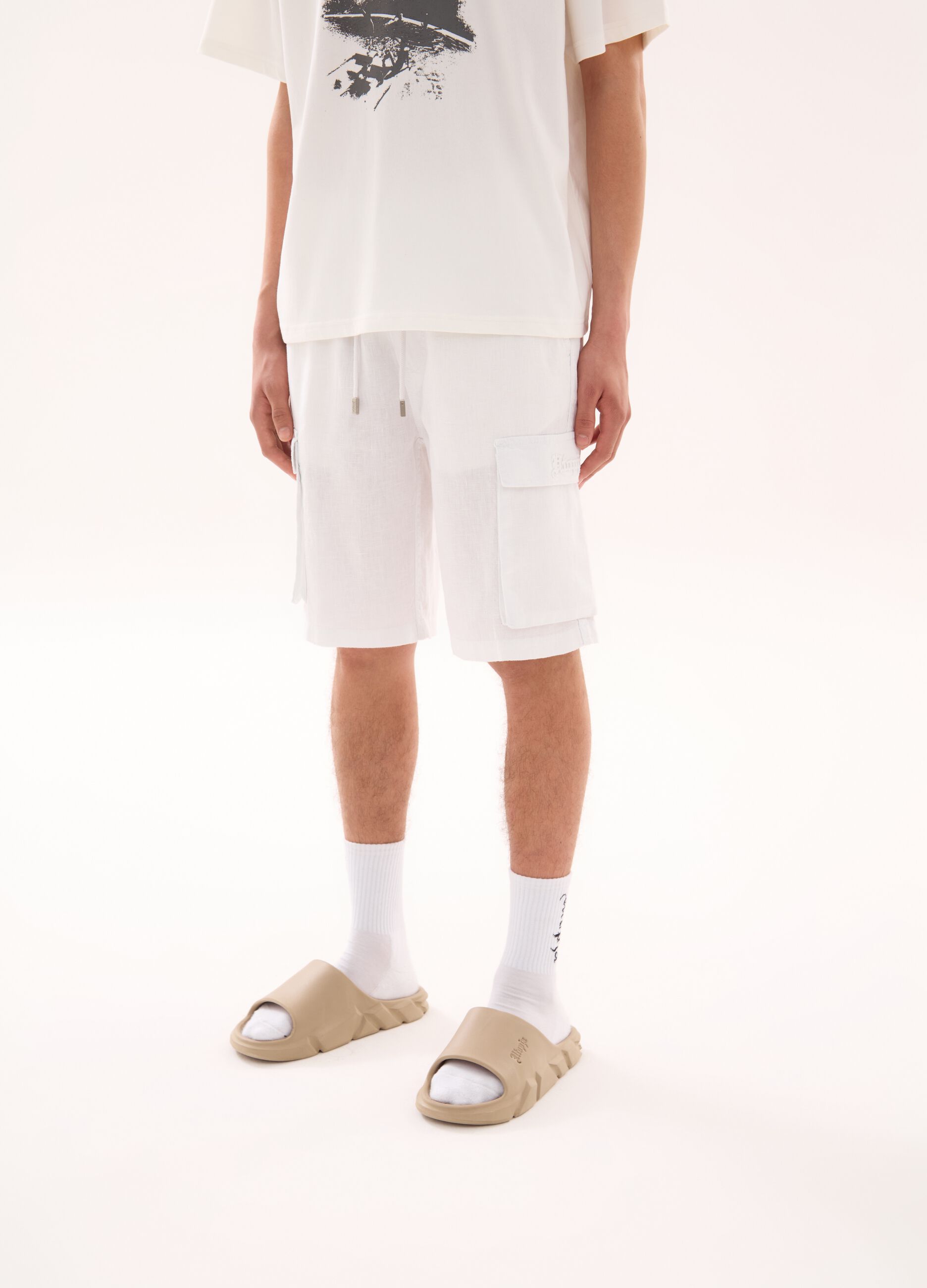 100% Linen Cargo Shorts White