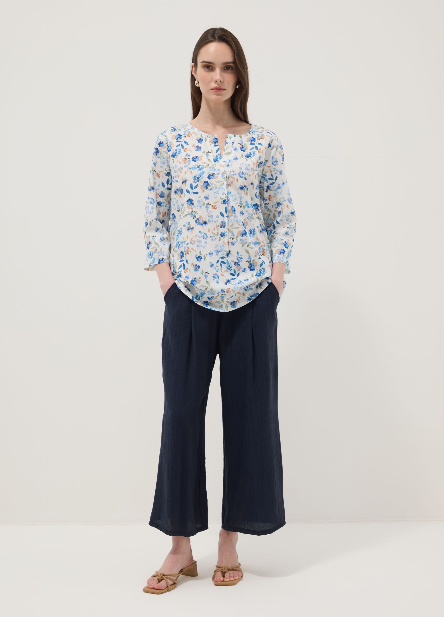 White floral stretch cotton blouse, regular fit