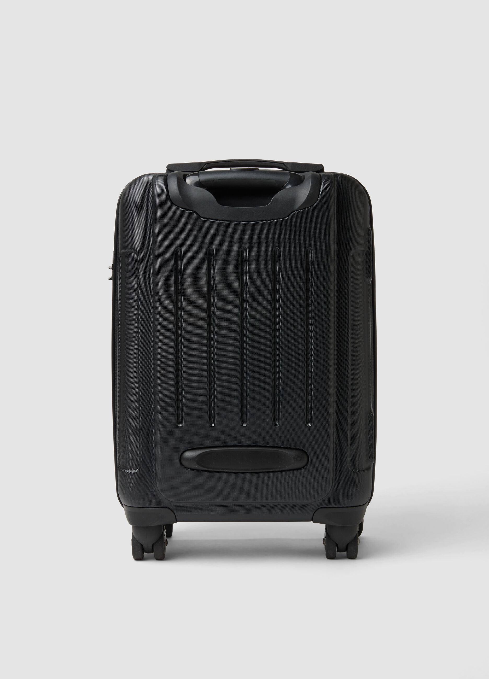Black hard-shell travel suitcase with wheels