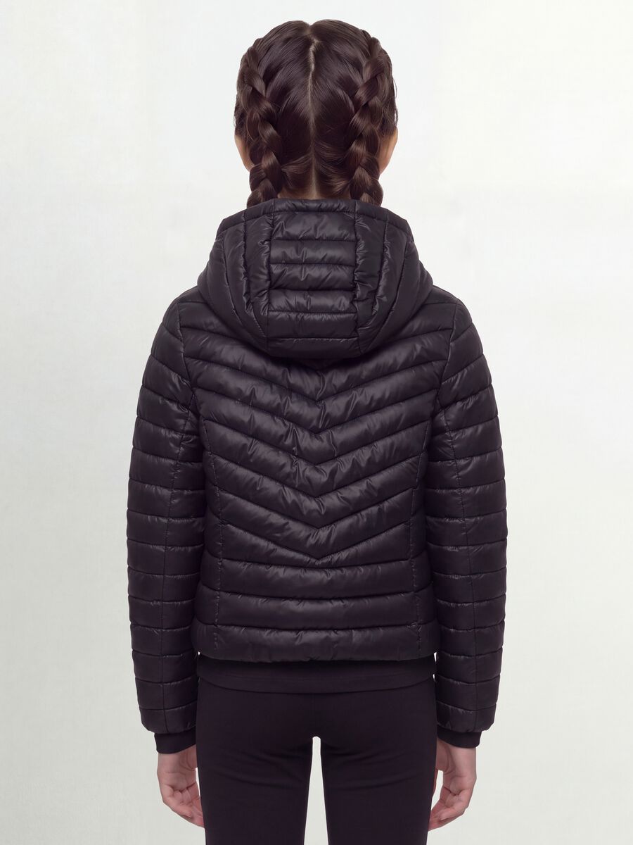 Black Ultralight padded jacket with hood and zip for girls_3