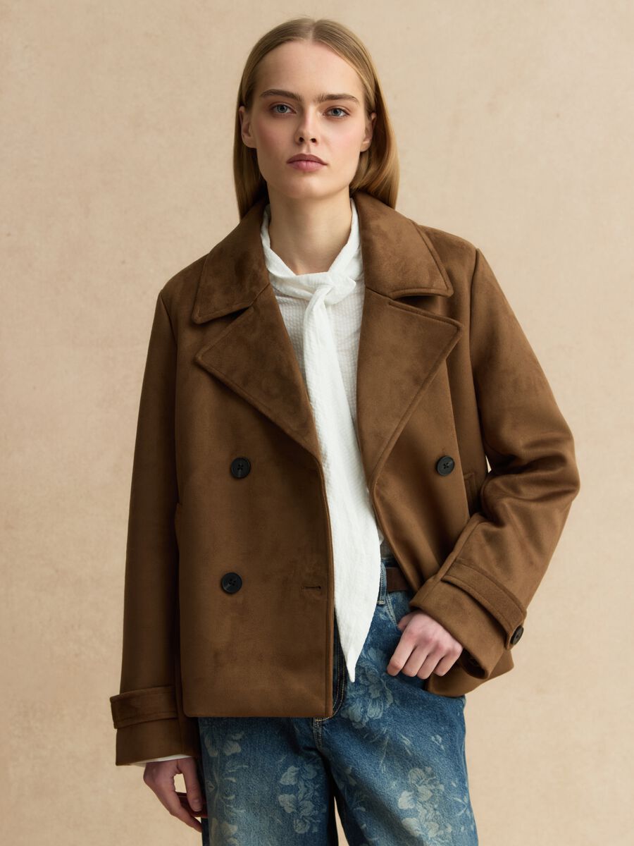 Brown double-breasted regular fit peacoat with pockets_0