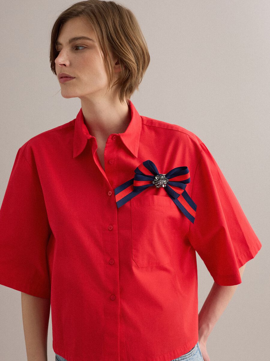 Red pure cotton shirt with chest pocket, oversized fit_0