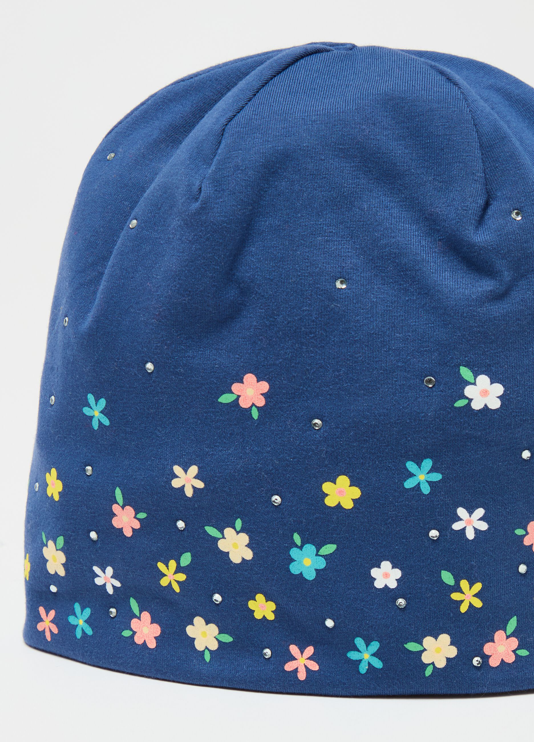 Organic cotton hat with diamantés and print