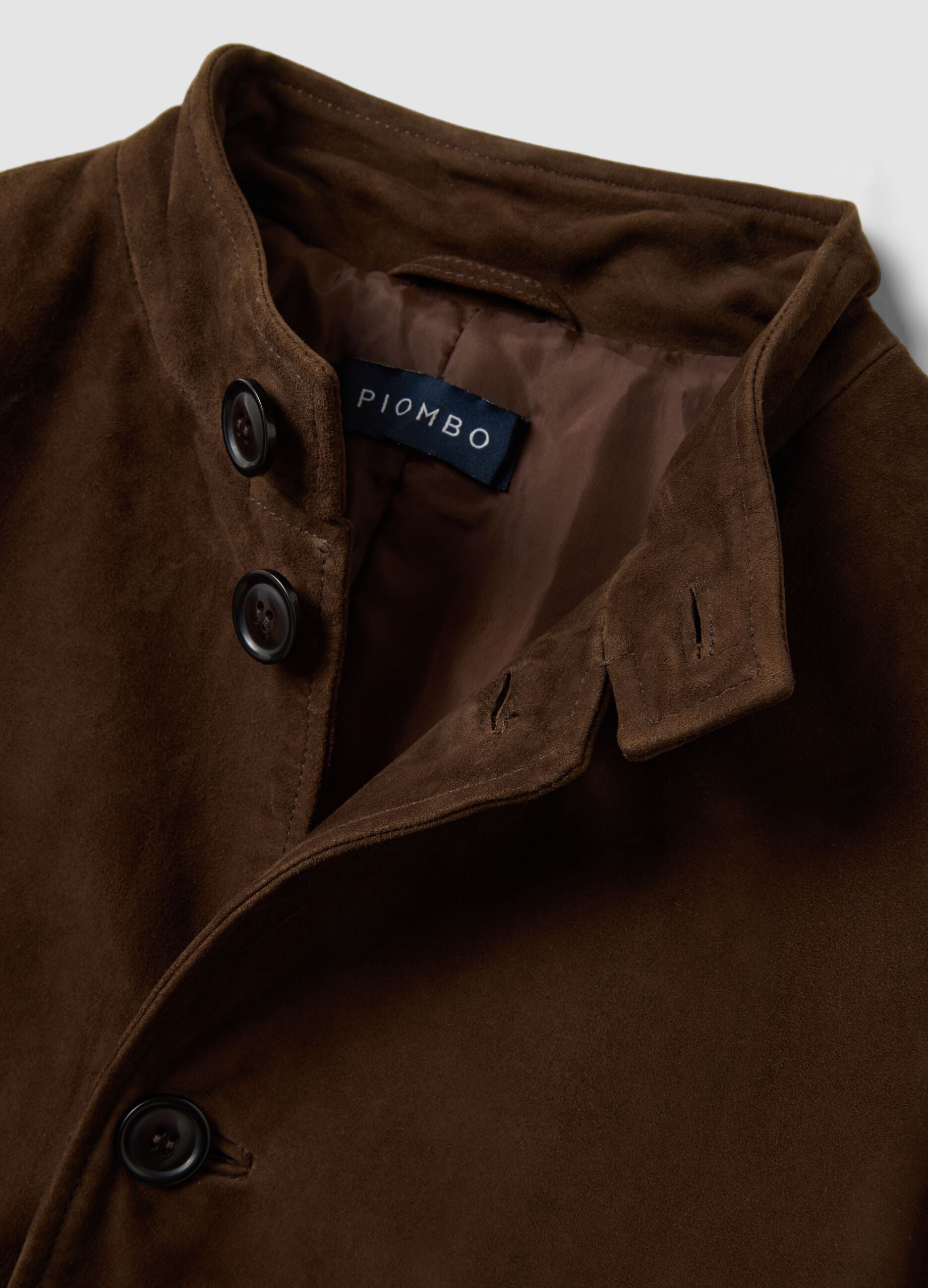 Brown padded genuine leather shacket with high collar, regular fit