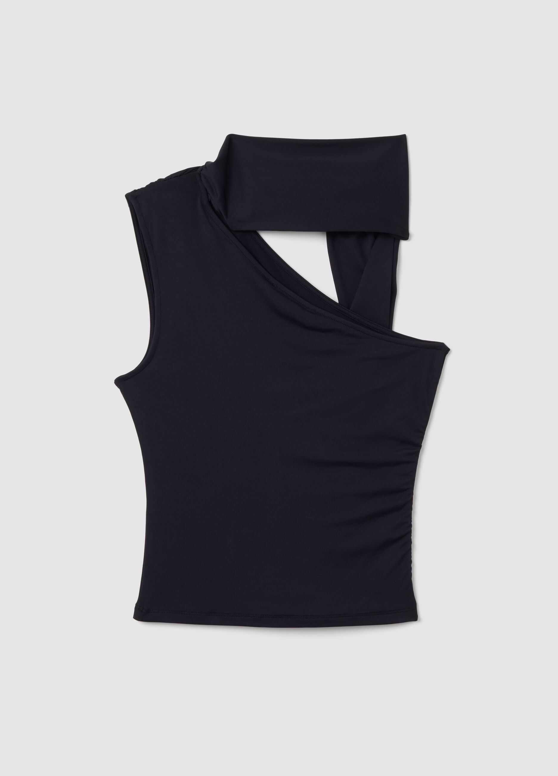 Top nero in tessuto elasticizzato con scollo asimmetrico e fascia drappeggiata